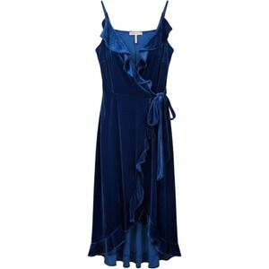 BCBGeneration Ruffle Trim Velvet Wrap Dress Blue Limoges Size L NWT